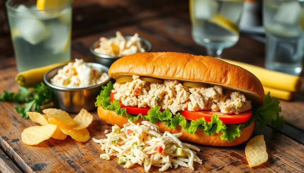A freshly baked Subway-style tuna sandwich sits on a rustic wooden table, surrounded by a variety of complementary pairings. In the foreground, crisp green lettuce, juicy tomato slices, and tangy pickles adorn the sandwich. In the middle ground, a small dish of creamy coleslaw and a handful of crunchy potato chips add texture and flavor. In the background, a glass of ice-cold lemonade and a side of tangy dill pickle spears complete the scene, creating a harmonious and appetizing arrangement. The lighting is soft and natural, highlighting the vibrant colors and inviting textures of the dish. The overall mood is one of a simple, yet satisfying, homemade Subway tuna sandwich experience. A freshly baked Subway-style tuna sandwich sits on a rustic wooden table, surrounded by a variety of complementary pairings. In the foreground, crisp green lettuce, juicy tomato slices, and tangy pickles adorn the sandwich. In the middle ground, a small dish of creamy coleslaw and a handful of crunchy potato chips add texture and flavor. In the background, a glass of ice-cold lemonade and a side of tangy dill pickle spears complete the scene, creating a harmonious and appetizing arrangement. The lighting is soft and natural, highlighting the vibrant colors and inviting textures of the dish. The overall mood is one of a simple, yet satisfying, homemade Subway tuna sandwich experience.