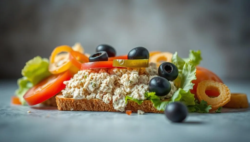 A vibrant close-up of an array of artfully arranged tuna sandwich toppings, meticulously crafted to elevate a homemade tuna creation. In the foreground, an assortment of fresh ingredients - crisp lettuce leaves, juicy tomato slices, crunchy pickle chips, and tangy black olives - are elegantly displayed against a muted backdrop. The lighting is soft and natural, casting a warm glow that highlights the textures and colors of the toppings. The composition is balanced and visually appealing, inviting the viewer to imagine the delightful flavors and textures of a fully customized tuna sandwich. The mood is one of culinary inspiration and the promise of a satisfying, personalized dining experience. A vibrant close-up of an array of artfully arranged tuna sandwich toppings, meticulously crafted to elevate a homemade tuna creation. In the foreground, an assortment of fresh ingredients - crisp lettuce leaves, juicy tomato slices, crunchy pickle chips, and tangy black olives - are elegantly displayed against a muted backdrop. The lighting is soft and natural, casting a warm glow that highlights the textures and colors of the toppings. The composition is balanced and visually appealing, inviting the viewer to imagine the delightful flavors and textures of a fully customized tuna sandwich. The mood is one of culinary inspiration and the promise of a satisfying, personalized dining experience.