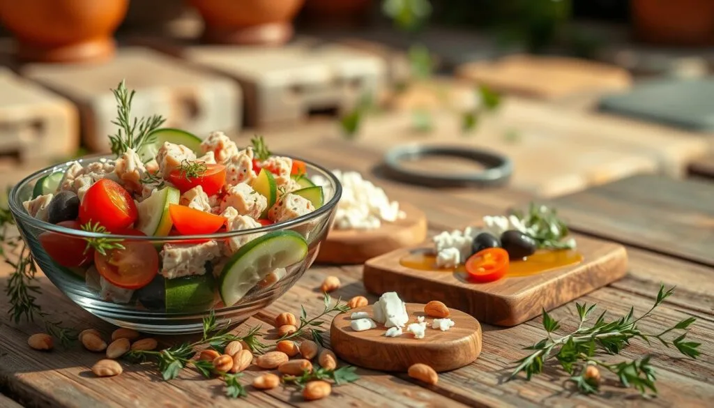 A Mediterranean-style tuna salad scene, shot on a rustic wooden table. In the foreground, a glass bowl showcases vibrant ingredients - chunks of fresh tuna, plump cherry tomatoes, crisp cucumber slices, and briny olives. Scattered around the bowl are sprigs of fragrant oregano and a scattering of crunchy toasted pine nuts. In the middle ground, a small wooden board displays crumbled feta cheese and a drizzle of golden olive oil. The background is softly blurred, evoking a sun-drenched outdoor setting with hints of terracotta and stone textures. The lighting is natural and warm, casting a golden glow over the scene. The overall mood is fresh, healthy, and evocative of the sun-soaked Mediterranean. A Mediterranean-style tuna salad scene, shot on a rustic wooden table. In the foreground, a glass bowl showcases vibrant ingredients - chunks of fresh tuna, plump cherry tomatoes, crisp cucumber slices, and briny olives. Scattered around the bowl are sprigs of fragrant oregano and a scattering of crunchy toasted pine nuts. In the middle ground, a small wooden board displays crumbled feta cheese and a drizzle of golden olive oil. The background is softly blurred, evoking a sun-drenched outdoor setting with hints of terracotta and stone textures. The lighting is natural and warm, casting a golden glow over the scene. The overall mood is fresh, healthy, and evocative of the sun-soaked Mediterranean.