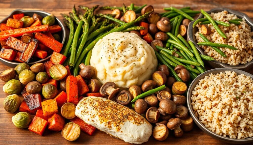 A beautifully arranged spread of flavorful Mahi Mahi side dishes on a rustic wooden table. In the foreground, a vibrant array of roasted vegetables - tender Brussels sprouts, caramelized carrots, and grilled asparagus. In the middle, a creamy and dreamy garlic-herb mashed potato mound, its surface glistening. Scattered around, a medley of sautéed mushrooms, zesty lemon-dill green beans, and fluffy wild rice pilaf. Soft, warm lighting casts a golden glow, highlighting the textures and colors of this delightful Mahi Mahi dinner accompaniment. A beautifully arranged spread of flavorful Mahi Mahi side dishes on a rustic wooden table. In the foreground, a vibrant array of roasted vegetables - tender Brussels sprouts, caramelized carrots, and grilled asparagus. In the middle, a creamy and dreamy garlic-herb mashed potato mound, its surface glistening. Scattered around, a medley of sautéed mushrooms, zesty lemon-dill green beans, and fluffy wild rice pilaf. Soft, warm lighting casts a golden glow, highlighting the textures and colors of this delightful Mahi Mahi dinner accompaniment.
