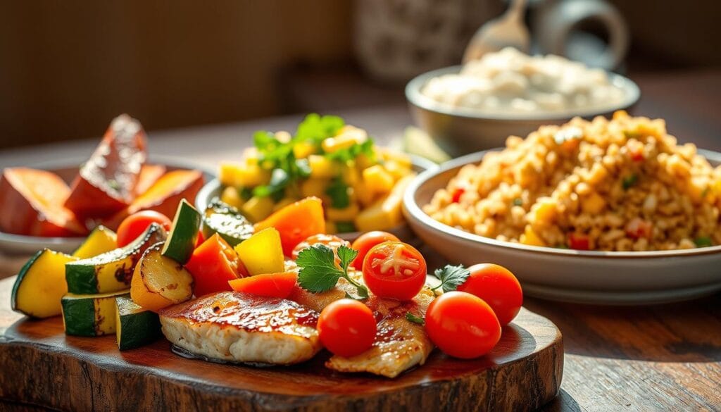 A beautifully lit scene showcasing a variety of delectable Mahi Mahi side dish pairings. In the foreground, a vibrant array of grilled vegetables - zucchini, bell peppers, and cherry tomatoes - arranged artfully on a rustic wooden board. In the middle ground, roasted sweet potato wedges and a quinoa salad with diced mango and chopped cilantro. In the background, a steaming plate of fragrant jasmine rice, accompanied by a creamy coconut-lime sauce. The lighting is warm and natural, casting a soft glow across the scene. The composition is balanced and visually appealing, inviting the viewer to imagine the flavors and textures of this wholesome, well-rounded Mahi Mahi dinner. A beautifully lit scene showcasing a variety of delectable Mahi Mahi side dish pairings. In the foreground, a vibrant array of grilled vegetables - zucchini, bell peppers, and cherry tomatoes - arranged artfully on a rustic wooden board. In the middle ground, roasted sweet potato wedges and a quinoa salad with diced mango and chopped cilantro. In the background, a steaming plate of fragrant jasmine rice, accompanied by a creamy coconut-lime sauce. The lighting is warm and natural, casting a soft glow across the scene. The composition is balanced and visually appealing, inviting the viewer to imagine the flavors and textures of this wholesome, well-rounded Mahi Mahi dinner.