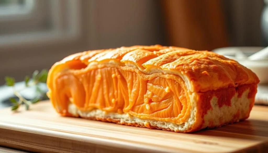 A beautifully lit, still-life image of a freshly baked salmon loaf, showcasing its flaky texture and vibrant orange color. The loaf is centered in the frame, with a side profile view highlighting its cross-section. The background is softly blurred, drawing the viewer's attention to the succulent, nutrient-rich salmon slices. Subtle highlights from a warm, natural lighting source create a cozy, appetizing atmosphere. The composition evokes a sense of wholesome, homemade goodness, inviting the viewer to appreciate the health benefits of this nourishing dish. A beautifully lit, still-life image of a freshly baked salmon loaf, showcasing its flaky texture and vibrant orange color. The loaf is centered in the frame, with a side profile view highlighting its cross-section. The background is softly blurred, drawing the viewer's attention to the succulent, nutrient-rich salmon slices. Subtle highlights from a warm, natural lighting source create a cozy, appetizing atmosphere. The composition evokes a sense of wholesome, homemade goodness, inviting the viewer to appreciate the health benefits of this nourishing dish.