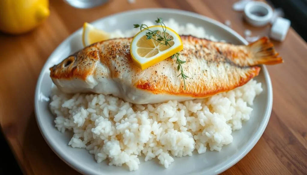 A beautifully plated baked mahi mahi fillet, resting atop a light and fluffy white rice bed. The fish is golden-brown, with a delicate, flaky texture, and garnished with a vibrant garnish of fresh lemon wedges and sprigs of aromatic herbs. The scene is captured in a warm, natural lighting, highlighting the intricate details of the dish. The camera angle is slightly elevated, providing a tantalizing overhead view that emphasizes the dish's inviting presentation. The background is subtly blurred, keeping the focus on the mouthwatering centerpiece. A beautifully plated baked mahi mahi fillet, resting atop a light and fluffy white rice bed. The fish is golden-brown, with a delicate, flaky texture, and garnished with a vibrant garnish of fresh lemon wedges and sprigs of aromatic herbs. The scene is captured in a warm, natural lighting, highlighting the intricate details of the dish. The camera angle is slightly elevated, providing a tantalizing overhead view that emphasizes the dish's inviting presentation. The background is subtly blurred, keeping the focus on the mouthwatering centerpiece.