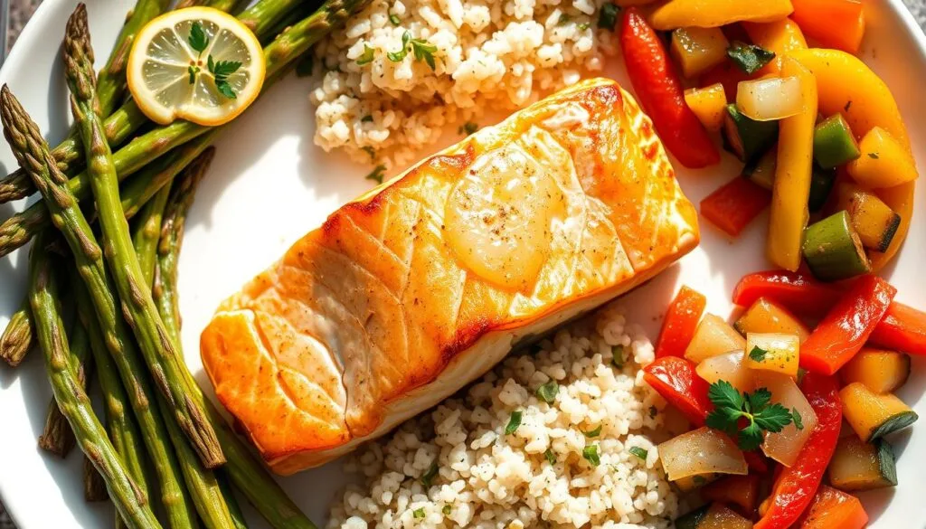 A beautifully plated salmon fillet, seared to perfection with a golden-brown crust, sits at the center of the frame. Surrounding it are a selection of carefully curated side dishes: roasted asparagus spears dressed in a light lemon vinaigrette, fluffy herb-infused quinoa, and a colorful medley of sautéed bell peppers and onions. The arrangement is lit by soft, natural lighting, casting gentle shadows and highlighting the vibrant hues of the ingredients. The composition is balanced and visually appealing, showcasing the harmonious pairing of the salmon with its complementary side dishes. The overall mood is one of culinary elegance and appetite-inducing appeal. A beautifully plated salmon fillet, seared to perfection with a golden-brown crust, sits at the center of the frame. Surrounding it are a selection of carefully curated side dishes: roasted asparagus spears dressed in a light lemon vinaigrette, fluffy herb-infused quinoa, and a colorful medley of sautéed bell peppers and onions. The arrangement is lit by soft, natural lighting, casting gentle shadows and highlighting the vibrant hues of the ingredients. The composition is balanced and visually appealing, showcasing the harmonious pairing of the salmon with its complementary side dishes. The overall mood is one of culinary elegance and appetite-inducing appeal.