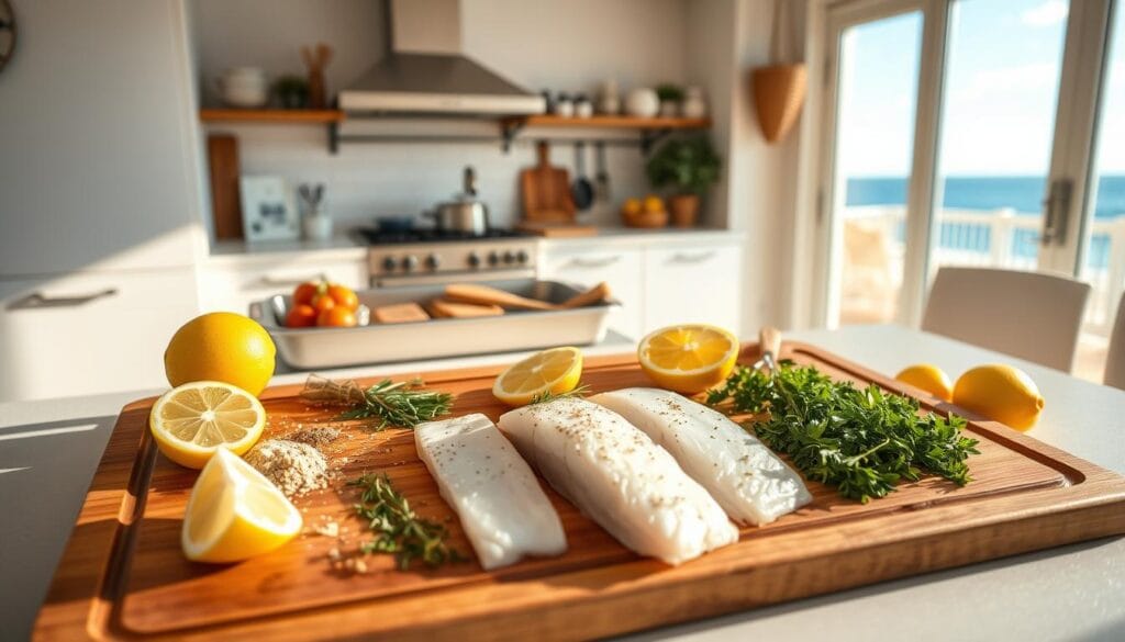A bright, airy kitchen setting with a wooden cutting board prominently displayed in the foreground. On the board, neatly arranged, are the key ingredients for baked mahi mahi: fresh mahi mahi fillets, lemon wedges, herbs, and seasonings. The middle ground shows cooking utensils, a baking sheet, and other tools needed for the preparation process. The background features a large window overlooking a scenic ocean view, bathing the scene in warm, natural light. The overall mood is one of calm, coastal tranquility, inviting the viewer to imagine the delicious, flaky mahi mahi to come. A bright, airy kitchen setting with a wooden cutting board prominently displayed in the foreground. On the board, neatly arranged, are the key ingredients for baked mahi mahi: fresh mahi mahi fillets, lemon wedges, herbs, and seasonings. The middle ground shows cooking utensils, a baking sheet, and other tools needed for the preparation process. The background features a large window overlooking a scenic ocean view, bathing the scene in warm, natural light. The overall mood is one of calm, coastal tranquility, inviting the viewer to imagine the delicious, flaky mahi mahi to come.