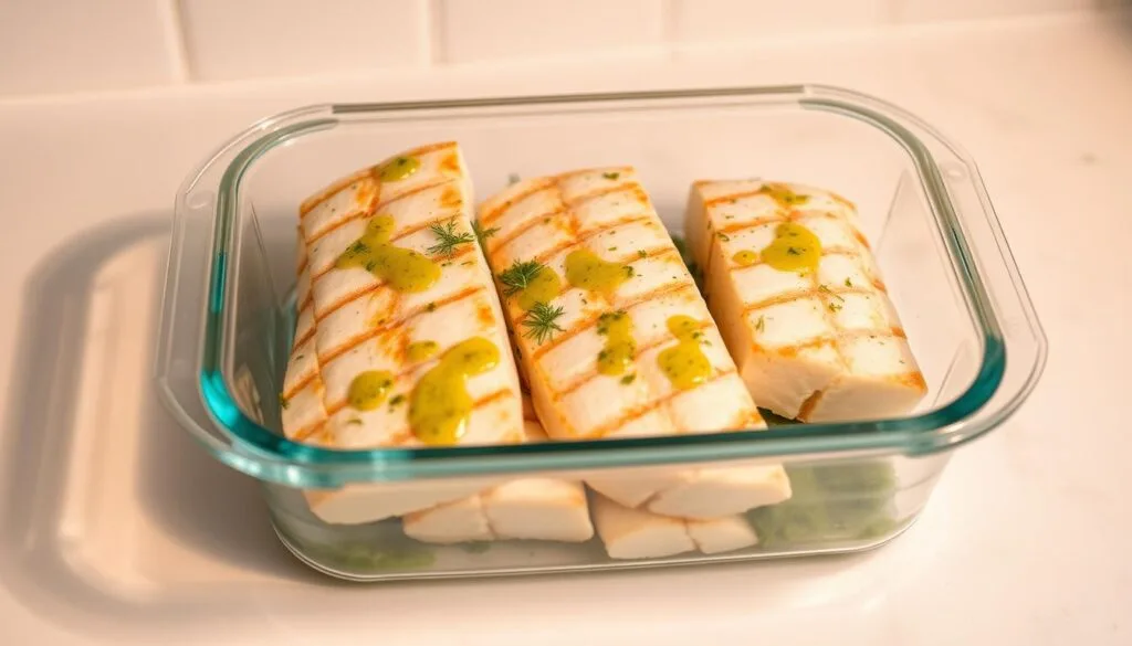 A bright and airtight glass container sits on a clean kitchen counter, filled with freshly grilled mahi mahi fillets glistening with a light drizzle of lemon-herb vinaigrette. The fish is arranged in an appetizing manner, with a few sprigs of fragrant dill scattered around. The lighting is soft and even, creating a warm, inviting atmosphere. The container's lid is securely fastened, ensuring the mahi mahi remains moist and flavorful for easy reheating and serving later. The scene evokes a sense of culinary organization and food preservation, perfectly illustrating the proper storage techniques for this delectable grilled seafood dish. A bright and airtight glass container sits on a clean kitchen counter, filled with freshly grilled mahi mahi fillets glistening with a light drizzle of lemon-herb vinaigrette. The fish is arranged in an appetizing manner, with a few sprigs of fragrant dill scattered around. The lighting is soft and even, creating a warm, inviting atmosphere. The container's lid is securely fastened, ensuring the mahi mahi remains moist and flavorful for easy reheating and serving later. The scene evokes a sense of culinary organization and food preservation, perfectly illustrating the proper storage techniques for this delectable grilled seafood dish.