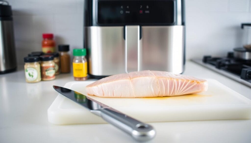 A bright and evenly lit kitchen countertop, with a fresh mahi mahi fillet resting on a cutting board. In the foreground, a sharp chef's knife and various seasoning jars are arranged neatly. In the middle ground, an air fryer sits ready, its sleek stainless steel exterior gleaming. The background features minimal clutter, allowing the preparation process to take center stage. The overall scene conveys a sense of organized efficiency, with a focus on the steps required to prepare a delicious air-fried mahi mahi dish. A bright and evenly lit kitchen countertop, with a fresh mahi mahi fillet resting on a cutting board. In the foreground, a sharp chef's knife and various seasoning jars are arranged neatly. In the middle ground, an air fryer sits ready, its sleek stainless steel exterior gleaming. The background features minimal clutter, allowing the preparation process to take center stage. The overall scene conveys a sense of organized efficiency, with a focus on the steps required to prepare a delicious air-fried mahi mahi dish.