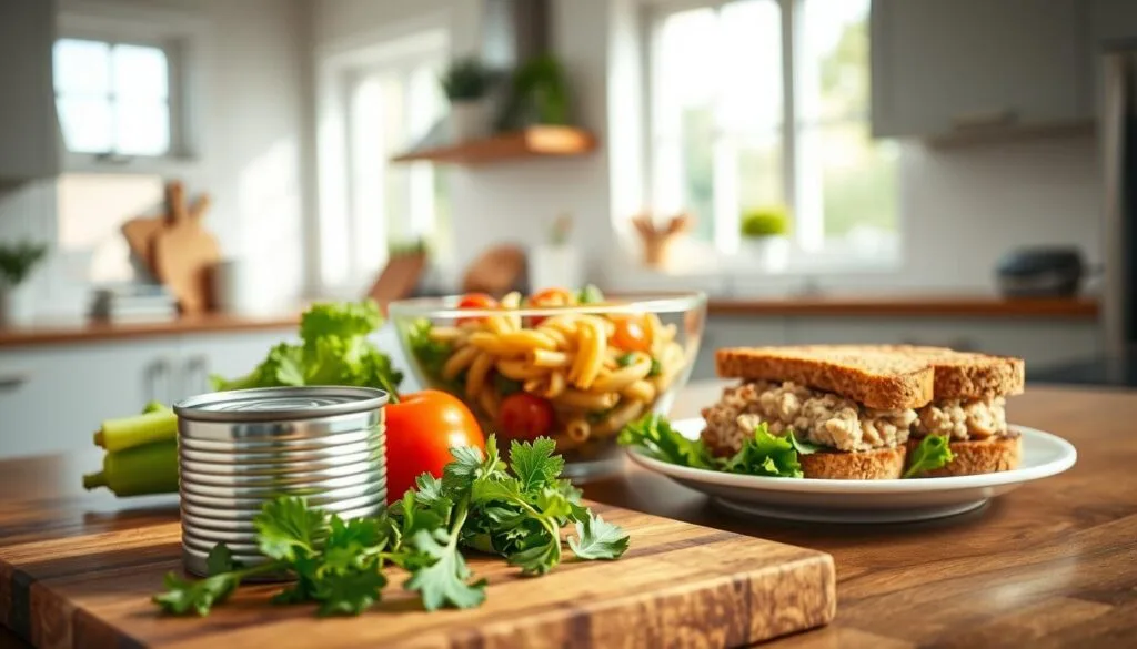 A bright and vibrant kitchen scene showcasing a variety of healthy canned tuna dishes. In the foreground, a wooden cutting board displays an open can of tuna, fresh vegetables, and a leafy green salad. In the middle ground, a glass bowl holds a tuna pasta salad, while a plate showcases a tuna melt sandwich on whole-grain bread. The background features a clean, modern kitchen with subtle natural lighting filtering through large windows, creating a warm and inviting atmosphere. The color palette is fresh and vibrant, highlighting the nutritious ingredients. The composition emphasizes the ease and simplicity of preparing delicious, weight-loss-friendly meals using readily available canned tuna.