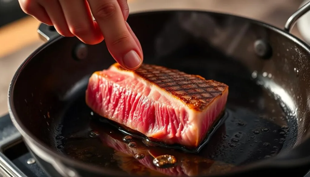A close-up shot of a hand expertly searing an ahi tuna steak on a hot cast-iron skillet, with a crisp, golden-brown crust forming on the surface. The tuna is positioned diagonally, angled to showcase the vibrant pink center and the delicate texture. Dramatic lighting casts dramatic shadows, highlighting the sizzling oil and the precise technique of the cook. The background is softly blurred, keeping the focus on the tuna and the process of achieving the perfect sear. A close-up shot of a hand expertly searing an ahi tuna steak on a hot cast-iron skillet, with a crisp, golden-brown crust forming on the surface. The tuna is positioned diagonally, angled to showcase the vibrant pink center and the delicate texture. Dramatic lighting casts dramatic shadows, highlighting the sizzling oil and the precise technique of the cook. The background is softly blurred, keeping the focus on the tuna and the process of achieving the perfect sear.
