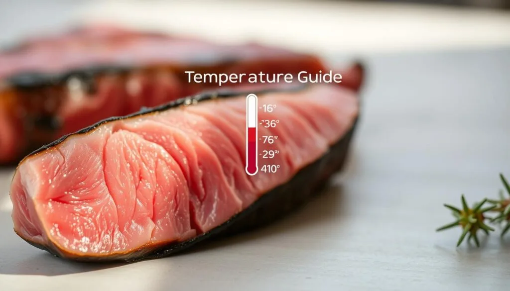 A close-up shot of a tuna steak in the foreground, showcasing its internal temperature gradient from rare to well-done. The steak is placed on a clean, neutral-colored surface, lit by soft, natural lighting from the side to accentuate the texture and color variations. In the middle ground, a simple, minimalist temperature guide diagram displays the optimal temperature ranges for different degrees of doneness, presented in a clear, easy-to-understand manner. The background is subtly blurred, keeping the focus on the tuna steak and the temperature guide. The overall mood is informative, precise, and visually appealing, suitable for an educational culinary article.