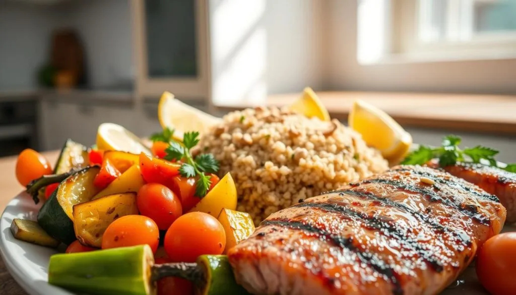 A delectable array of side dish pairings for a seared tuna steak, captured in a high-resolution, beautifully lit photograph. In the foreground, a selection of roasted vegetables - zucchini, bell peppers, and cherry tomatoes - glistening with a light drizzle of olive oil. In the middle ground, a bed of fluffy quinoa, its nutty aroma complementing the seared tuna. Garnished with fresh herbs, lemon wedges, and a sprinkle of toasted pine nuts for texture. The background features a simple, minimalist kitchen counter, with natural light streaming in, casting a warm, inviting glow over the entire scene. The overall mood is one of fresh, healthy, and flavorful culinary delight.