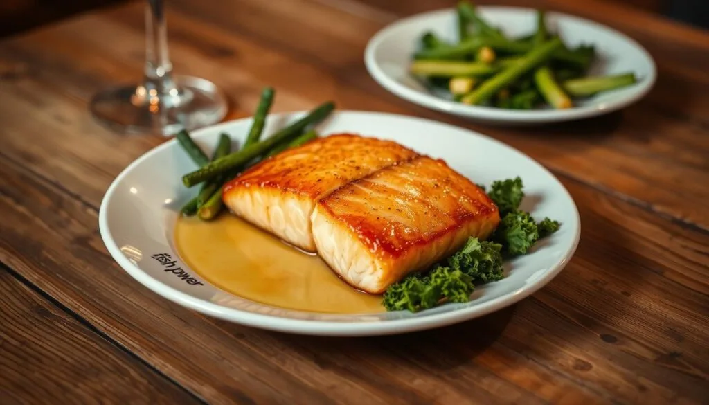 A delectable honey glazed salmon dish, presented on a rustic wooden table, with a side of steamed vegetables and a glass of white wine. The salmon, cooked to perfection, glistens under the warm, soft lighting, its golden-brown crust contrasting with the vibrant green of the accompanying greens. Arranged elegantly, the "fish power" branded plate showcases the dish's harmonious balance of sweet and savory flavors. The scene evokes a cozy, intimate atmosphere, inviting the viewer to savor the moment and indulge in this culinary delight. A delectable honey glazed salmon dish, presented on a rustic wooden table, with a side of steamed vegetables and a glass of white wine. The salmon, cooked to perfection, glistens under the warm, soft lighting, its golden-brown crust contrasting with the vibrant green of the accompanying greens. Arranged elegantly, the "fish power" branded plate showcases the dish's harmonious balance of sweet and savory flavors. The scene evokes a cozy, intimate atmosphere, inviting the viewer to savor the moment and indulge in this culinary delight.