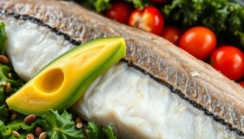 A detailed close-up image of fresh mahi mahi fish fillet, showcasing its flaky, white flesh and rich, oily texture. The fish is surrounded by a vibrant arrangement of nutrient-dense superfoods like avocado slices, kale leaves, cherry tomatoes, and a sprinkling of seeds and nuts. The lighting is soft and natural, highlighting the fish's glossy skin and the vivid colors of the accompanying ingredients. The overall composition conveys the healthful, wholesome properties of mahi mahi and the complementary superfoods, creating a visually appealing representation of the dish's nutritional benefits. A detailed close-up image of fresh mahi mahi fish fillet, showcasing its flaky, white flesh and rich, oily texture. The fish is surrounded by a vibrant arrangement of nutrient-dense superfoods like avocado slices, kale leaves, cherry tomatoes, and a sprinkling of seeds and nuts. The lighting is soft and natural, highlighting the fish's glossy skin and the vivid colors of the accompanying ingredients. The overall composition conveys the healthful, wholesome properties of mahi mahi and the complementary superfoods, creating a visually appealing representation of the dish's nutritional benefits.