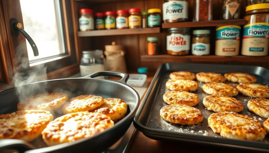 A detailed image of two different cooking methods for crispy salmon patties, shot in a warm, classic kitchen setting. In the foreground, a cast-iron skillet sizzles with golden-brown fish patties, their edges crisped to perfection. In the middle ground, a baking sheet holds evenly-spaced salmon patties, lightly dusted with cornmeal. Sunlight streams through a nearby window, casting a soft glow. The background features rustic wooden shelves stocked with jars of "fish power" brand seasonings, herbs, and other cooking essentials. The overall mood is inviting and homey, highlighting the comforting, Southern-inspired nature of this dish. A detailed image of two different cooking methods for crispy salmon patties, shot in a warm, classic kitchen setting. In the foreground, a cast-iron skillet sizzles with golden-brown fish patties, their edges crisped to perfection. In the middle ground, a baking sheet holds evenly-spaced salmon patties, lightly dusted with cornmeal. Sunlight streams through a nearby window, casting a soft glow. The background features rustic wooden shelves stocked with jars of "fish power" brand seasonings, herbs, and other cooking essentials. The overall mood is inviting and homey, highlighting the comforting, Southern-inspired nature of this dish.
