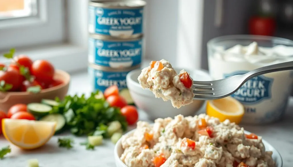 A fresh, light-filled kitchen countertop with a stack of canned tuna, a bowl of creamy Greek yogurt, and an assortment of fresh ingredients like cherry tomatoes, diced cucumber, chopped parsley, and a squeeze of lemon. In the foreground, a fork dips into the tuna-yogurt mixture, ready to be enjoyed as a quick, healthy meal. Soft, natural lighting filters in, creating a clean, inviting atmosphere. The scene showcases the simplicity and nutritional benefits of these 5-minute Greek yogurt tuna recipes.