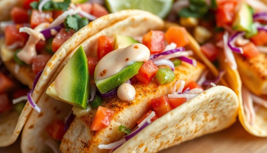A mouth-watering close-up of fresh mahi mahi tacos, adorned with a vibrant array of toppings. The soft tortillas are piled high with flaky, golden-seared fish, garnished with a medley of crisp shredded cabbage, juicy diced tomatoes, creamy avocado slices, and a tangy lime wedge. A drizzle of zesty chipotle crema adds a delightful contrast. Captured in warm, natural lighting that accentuates the textures and colors, this image evokes the irresistible flavors of a seaside taco stand. Shot at a slight angle to showcase the toppings' artful arrangement, creating an appetizing and visually striking composition. A mouth-watering close-up of fresh mahi mahi tacos, adorned with a vibrant array of toppings. The soft tortillas are piled high with flaky, golden-seared fish, garnished with a medley of crisp shredded cabbage, juicy diced tomatoes, creamy avocado slices, and a tangy lime wedge. A drizzle of zesty chipotle crema adds a delightful contrast. Captured in warm, natural lighting that accentuates the textures and colors, this image evokes the irresistible flavors of a seaside taco stand. Shot at a slight angle to showcase the toppings' artful arrangement, creating an appetizing and visually striking composition.