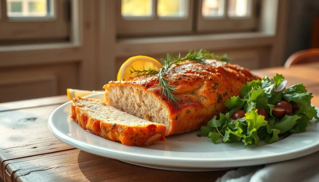 A mouthwatering classic salmon loaf, freshly baked and sliced, resting on a pristine white serving platter. Garnished with lemon wedges, fresh dill sprigs, and a vibrant green salad alongside. The scene is bathed in warm, natural lighting from a large window, casting a soft glow and gentle shadows. The platter is positioned on a rustic wooden table, with hints of a neutral-toned backdrop visible. The overall composition exudes a cozy, homemade ambiance, perfectly suited to showcase this delicious dish as part of a satisfying and wholesome meal. A mouthwatering classic salmon loaf, freshly baked and sliced, resting on a pristine white serving platter. Garnished with lemon wedges, fresh dill sprigs, and a vibrant green salad alongside. The scene is bathed in warm, natural lighting from a large window, casting a soft glow and gentle shadows. The platter is positioned on a rustic wooden table, with hints of a neutral-toned backdrop visible. The overall composition exudes a cozy, homemade ambiance, perfectly suited to showcase this delicious dish as part of a satisfying and wholesome meal.