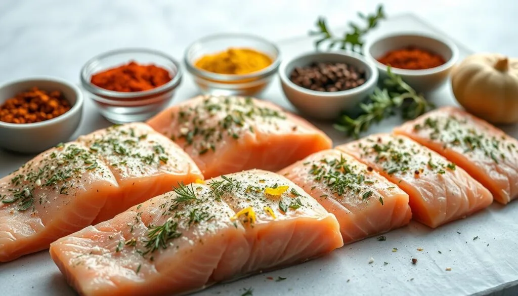 A neatly arranged composition showcasing an array of delectable seasoning combinations for baked salmon. In the foreground, several fresh salmon fillets, their surfaces adorned with a harmonious blend of herbs and spices, including fragrant dill, aromatic garlic, earthy thyme, and zesty lemon zest. The middle ground features small bowls filled with various spices, such as paprika, cumin, and black pepper, along with a few sprigs of fresh herbs. The background is softly blurred, creating a sense of depth and focus on the main subject. Soft, natural lighting from the side gently illuminates the scene, casting subtle shadows and highlighting the textures and colors of the ingredients. The overall atmosphere conveys a sense of culinary expertise and the promise of a delicious, flavorful baked salmon dish.