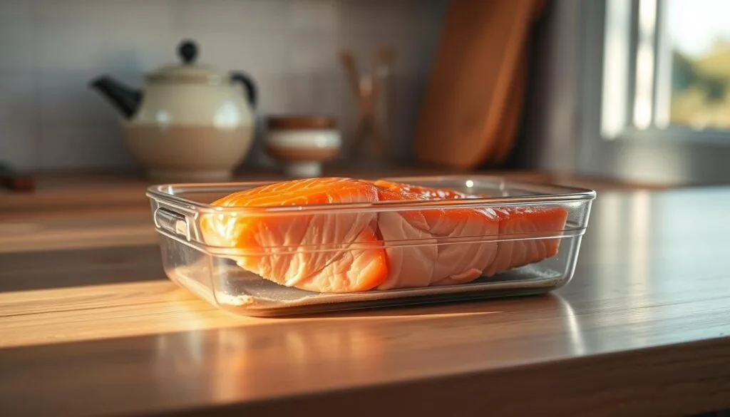 A neatly arranged still life depicting leftover oven-baked salmon stored in an airtight glass container on a wooden kitchen counter. The salmon fillet is flaky and glistening, with a delicate golden-brown crust. Bright natural lighting from a nearby window casts warm tones across the scene, highlighting the salmon's vibrant hues. The clean, minimalist composition emphasizes the simplicity of properly storing the leftover fish for later use. Soft shadows and a subtle depth of field create a sense of depth and focus, drawing the viewer's attention to the main subject. An overall serene and appetizing atmosphere evokes the satisfaction of preserving a delicious homemade meal.