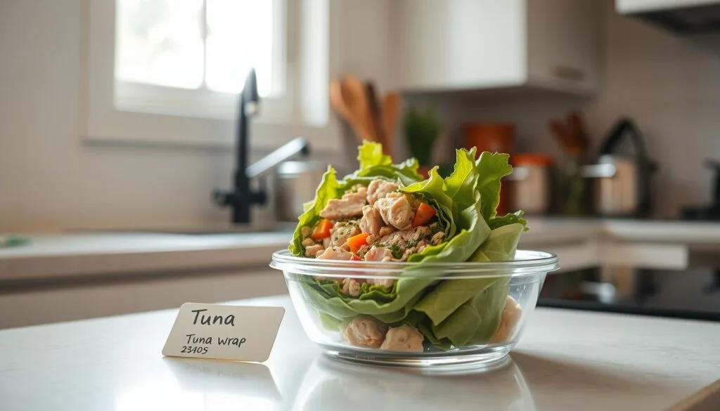 A neatly organized kitchen counter, bathed in warm, natural light filtering through a nearby window. On the counter, a clear glass container holds a freshly prepared tuna wrap, its ingredients artfully arranged to showcase the layers - tender tuna, crisp lettuce, fragrant herbs, and a creamy spread. Beside it, a simple label indicates the contents and the date of preparation. The overall scene conveys a sense of effortless organization and preparedness, with the tuna wrap serving as the focal point, ready to be refrigerated for a healthy, satisfying lunch later.