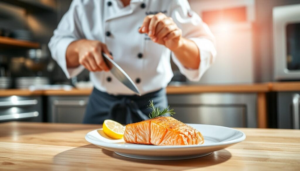 A professional chef demonstrates expert salmon cooking techniques in a modern kitchen. Bright, natural lighting illuminates the scene, highlighting the chef's skilled movements as they fillet, season, and sear the fresh salmon fillet. The kitchen's stainless steel appliances and wooden countertops create a sleek, high-end atmosphere. The chef meticulously arranges the perfectly cooked salmon on a white plate, showcasing the moist, flaky texture and vibrant color. A small garnish of lemon slices and fresh herbs adds a touch of elegance. The overall impression conveys mastery, precision, and the know-how to achieve restaurant-quality salmon at home. A professional chef demonstrates expert salmon cooking techniques in a modern kitchen. Bright, natural lighting illuminates the scene, highlighting the chef's skilled movements as they fillet, season, and sear the fresh salmon fillet. The kitchen's stainless steel appliances and wooden countertops create a sleek, high-end atmosphere. The chef meticulously arranges the perfectly cooked salmon on a white plate, showcasing the moist, flaky texture and vibrant color. A small garnish of lemon slices and fresh herbs adds a touch of elegance. The overall impression conveys mastery, precision, and the know-how to achieve restaurant-quality salmon at home.