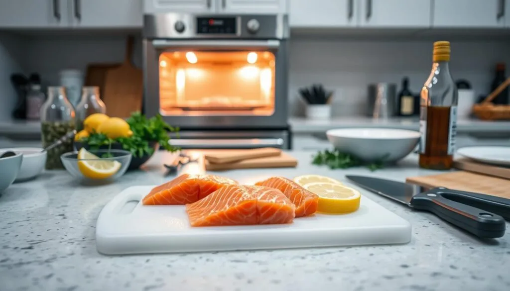 A professional kitchen counter with various cooking utensils and ingredients. In the foreground, a clean cutting board with a neatly arranged selection of fresh salmon fillets. Nearby, a bowl of lemon wedges, a jar of herbs, and a bottle of olive oil, conveying the preparation process. In the middle ground, an oven with the door slightly ajar, emitting a warm glow, symbolizing the baking stage. The background features a tidy, well-lit kitchen setting, with minimal clutter, creating a calm and organized atmosphere. The overall mood is one of thoughtful meal preparation, with an emphasis on avoiding common salmon cooking mistakes. A professional kitchen counter with various cooking utensils and ingredients. In the foreground, a clean cutting board with a neatly arranged selection of fresh salmon fillets. Nearby, a bowl of lemon wedges, a jar of herbs, and a bottle of olive oil, conveying the preparation process. In the middle ground, an oven with the door slightly ajar, emitting a warm glow, symbolizing the baking stage. The background features a tidy, well-lit kitchen setting, with minimal clutter, creating a calm and organized atmosphere. The overall mood is one of thoughtful meal preparation, with an emphasis on avoiding common salmon cooking mistakes.