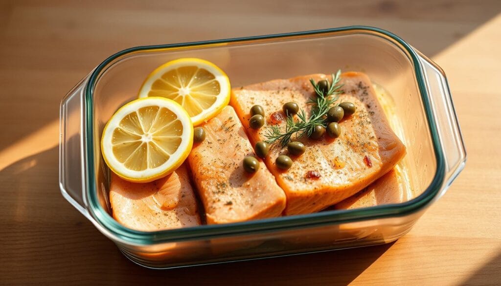 A rectangular glass container filled with cooked, flaky Mediterranean salmon, garnished with lemon slices, capers, and a sprig of fresh dill. The salmon is neatly arranged in the container, with a light glaze or sauce coating the surface. The container is placed on a wooden surface, with a soft, diffused natural light illuminating the scene from the side, creating warm, golden highlights on the salmon and casting subtle shadows. The overall mood is calm, appetizing, and inviting, showcasing the leftovers as a delicious and convenient meal option. A rectangular glass container filled with cooked, flaky Mediterranean salmon, garnished with lemon slices, capers, and a sprig of fresh dill. The salmon is neatly arranged in the container, with a light glaze or sauce coating the surface. The container is placed on a wooden surface, with a soft, diffused natural light illuminating the scene from the side, creating warm, golden highlights on the salmon and casting subtle shadows. The overall mood is calm, appetizing, and inviting, showcasing the leftovers as a delicious and convenient meal option.