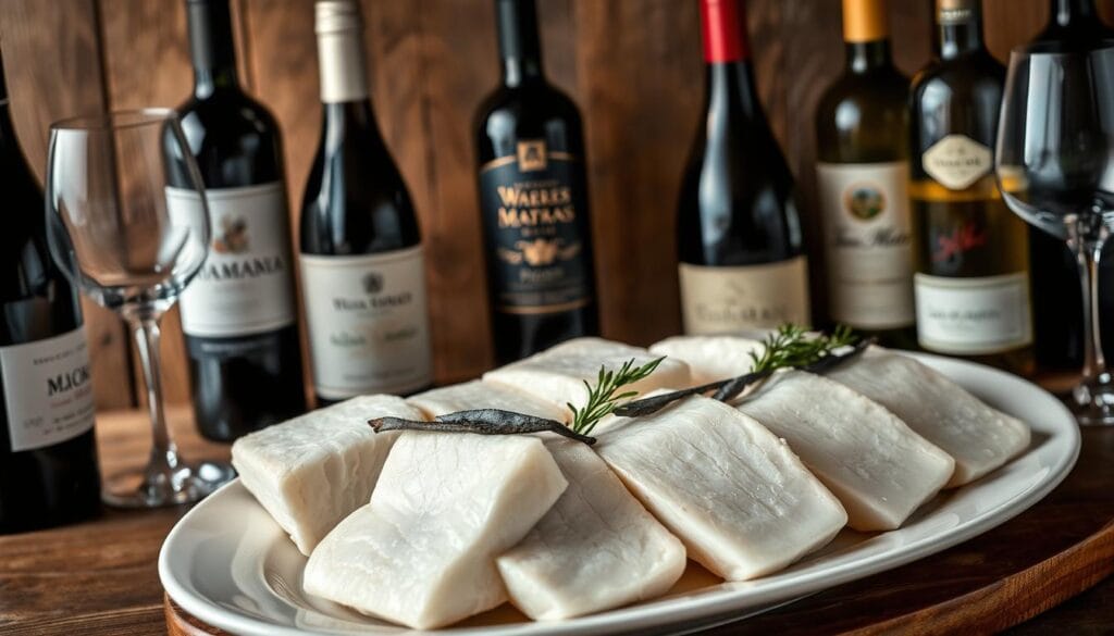 A refined still life showcasing a platter of fresh mahi mahi fillets, accompanied by a selection of wine bottles and glasses against a backdrop of wooden textures and earthy tones. The mahi mahi is meticulously presented, its flaky white flesh glistening under the warm, moody lighting. The wine bottles, with their elegant labels, are arranged in a visually appealing manner, hinting at the perfect pairing to complement the delicate flavor of the fish. The scene exudes a sense of culinary sophistication, inviting the viewer to imagine the harmonious fusion of flavors that would result from this carefully curated wine and mahi mahi combination.