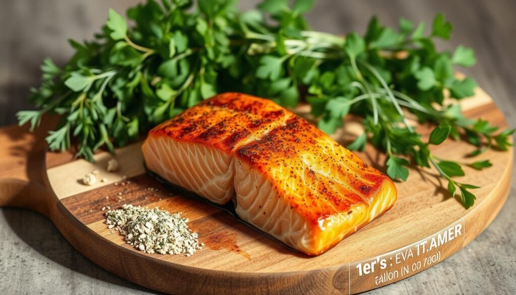 A salmon filet nestled on a wooden cutting board, surrounded by a variety of Mediterranean seasonings and herbs. The filet has a perfectly seared exterior with a warm, pink center, as indicated by a precise cooking temperature guide displayed alongside. Soft lighting casts gentle shadows, highlighting the textural details of the salmon and the array of vibrant, aromatic ingredients. The overall scene conveys a sense of culinary expertise and the healthy, flavorful nature of the Mediterranean salmon dish. A salmon filet nestled on a wooden cutting board, surrounded by a variety of Mediterranean seasonings and herbs. The filet has a perfectly seared exterior with a warm, pink center, as indicated by a precise cooking temperature guide displayed alongside. Soft lighting casts gentle shadows, highlighting the textural details of the salmon and the array of vibrant, aromatic ingredients. The overall scene conveys a sense of culinary expertise and the healthy, flavorful nature of the Mediterranean salmon dish.