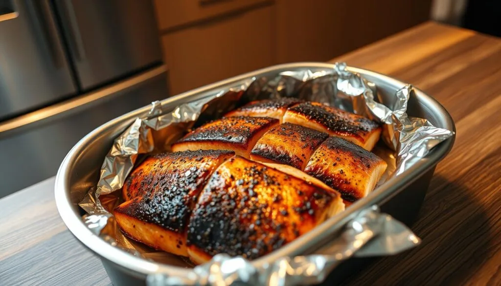 A stainless steel container rests on a wooden kitchen counter, its contents covered in a layer of aluminum foil. Inside, the rich, blackened fillets of Mahi Mahi fish are neatly arranged, their seasoned surfaces glistening under warm, indirect lighting. The container's tight-fitting lid ensures the leftover fish remains fresh and protected from air exposure. In the background, a minimalist kitchen setting with sleek appliances and a neutral color palette sets the stage for this practical food storage scene, conveying a sense of order and preservation.