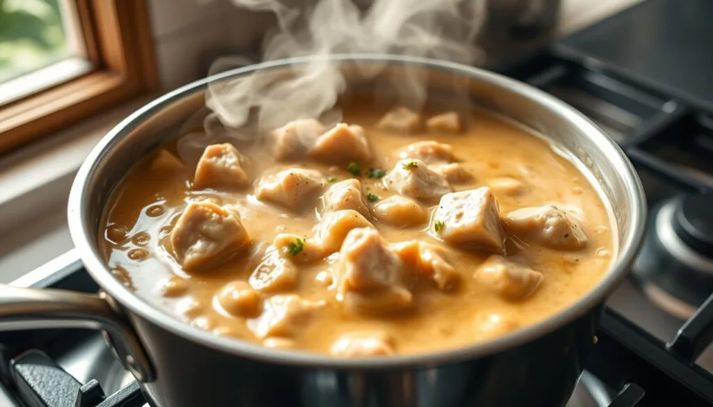 A stainless steel saucepan filled with a creamy, golden tuna sauce simmers gently on a gas stovetop, steam gently rising. The sauce's velvety texture is highlighted by the soft, flickering light from a nearby window, casting a warm, inviting glow. Chunks of flaky tuna are suspended in the luscious, aromatic mixture, seasoned with a hint of pepper and a sprinkle of fresh parsley. The scene is captured from a low, close-up angle, emphasizing the sauce's alluring, comforting qualities, ready to be poured over noodles or rice for a delicious, family-friendly tuna casserole. A stainless steel saucepan filled with a creamy, golden tuna sauce simmers gently on a gas stovetop, steam gently rising. The sauce's velvety texture is highlighted by the soft, flickering light from a nearby window, casting a warm, inviting glow. Chunks of flaky tuna are suspended in the luscious, aromatic mixture, seasoned with a hint of pepper and a sprinkle of fresh parsley. The scene is captured from a low, close-up angle, emphasizing the sauce's alluring, comforting qualities, ready to be poured over noodles or rice for a delicious, family-friendly tuna casserole.