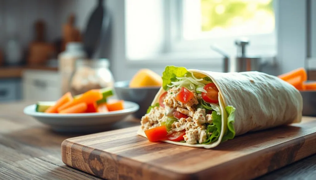 A vibrant and appetizing scene of a kid-friendly tuna wrap, captured in natural daylight with a shallow depth of field. In the foreground, a freshly prepared wrap rests on a wooden cutting board, its tortilla shell neatly wrapped around a filling of tuna salad, shredded lettuce, and diced tomatoes. The mid-ground features a small plate with carrot and cucumber sticks, providing a healthy accompaniment. The background showcases a simple, rustic kitchen setting with a few kitchen utensils and a window letting in soft, warm lighting. The overall mood is inviting and family-friendly, capturing the essence of a quick, nutritious lunch.