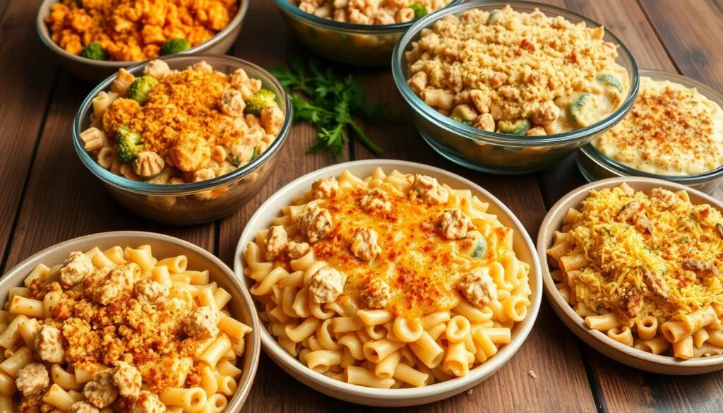 A vibrant, appetizing spread of tuna noodle casserole variations, artfully arranged on a rustic wooden table. In the foreground, a classic tuna casserole with tender noodles, flaky tuna, and a creamy, golden-brown topping. Surrounding it, a variety of creative twists - a spicy tuna casserole with jalapeños, a veggie-packed option with broccoli and mushrooms, and a cheesy version topped with crispy breadcrumbs. Soft, diffused lighting illuminates the dishes, highlighting their textures and rich, comforting colors. The arrangement conveys a sense of homemade, wholesome goodness, inviting the viewer to explore the delicious possibilities of this beloved dish. A vibrant, appetizing spread of tuna noodle casserole variations, artfully arranged on a rustic wooden table. In the foreground, a classic tuna casserole with tender noodles, flaky tuna, and a creamy, golden-brown topping. Surrounding it, a variety of creative twists - a spicy tuna casserole with jalapeños, a veggie-packed option with broccoli and mushrooms, and a cheesy version topped with crispy breadcrumbs. Soft, diffused lighting illuminates the dishes, highlighting their textures and rich, comforting colors. The arrangement conveys a sense of homemade, wholesome goodness, inviting the viewer to explore the delicious possibilities of this beloved dish.