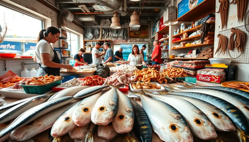 A vibrant seafood market, bustling with activity. In the foreground, a display of fresh mahi mahi fillets, glistening under bright, natural light. Nearby, vendors arrange an array of other local catches, from shrimp to octopus. The middle ground features customers inspecting the offerings, conversing with the knowledgeable staff. In the background, the market's weathered walls and shelves showcase an abundance of seafood-related goods, creating a sense of authenticity. The overall atmosphere is one of community, quality, and a deep appreciation for the ocean's bounty. Captured with a wide-angle lens to convey the market's lively energy and scale. A vibrant seafood market, bustling with activity. In the foreground, a display of fresh mahi mahi fillets, glistening under bright, natural light. Nearby, vendors arrange an array of other local catches, from shrimp to octopus. The middle ground features customers inspecting the offerings, conversing with the knowledgeable staff. In the background, the market's weathered walls and shelves showcase an abundance of seafood-related goods, creating a sense of authenticity. The overall atmosphere is one of community, quality, and a deep appreciation for the ocean's bounty. Captured with a wide-angle lens to convey the market's lively energy and scale.