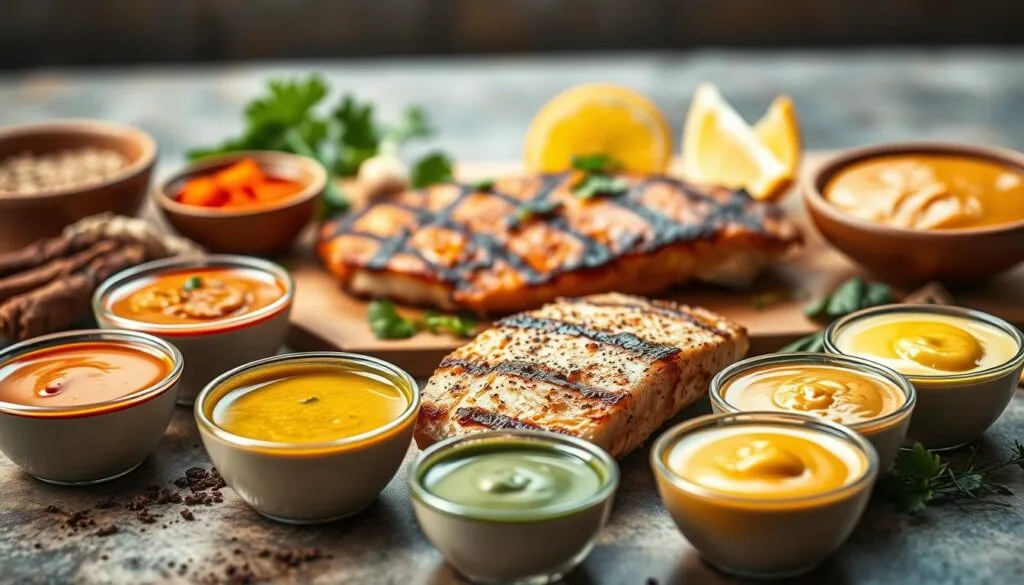 A vibrant still life showcasing an assortment of mahi mahi sauce varieties. In the foreground, an array of small bowls containing rich, creamy sauces in various hues of red, yellow, and green. Tantalizing spices, herbs, and garnishes artfully arranged around the bowls, adding depth and texture. The middle ground features a grilled mahi mahi fillet, glistening with a light glaze, inviting the viewer to imagine the flavors. The background is softly blurred, allowing the sauces and fish to take center stage under warm, natural lighting, creating an appetizing and visually appealing atmosphere. A vibrant still life showcasing an assortment of mahi mahi sauce varieties. In the foreground, an array of small bowls containing rich, creamy sauces in various hues of red, yellow, and green. Tantalizing spices, herbs, and garnishes artfully arranged around the bowls, adding depth and texture. The middle ground features a grilled mahi mahi fillet, glistening with a light glaze, inviting the viewer to imagine the flavors. The background is softly blurred, allowing the sauces and fish to take center stage under warm, natural lighting, creating an appetizing and visually appealing atmosphere.