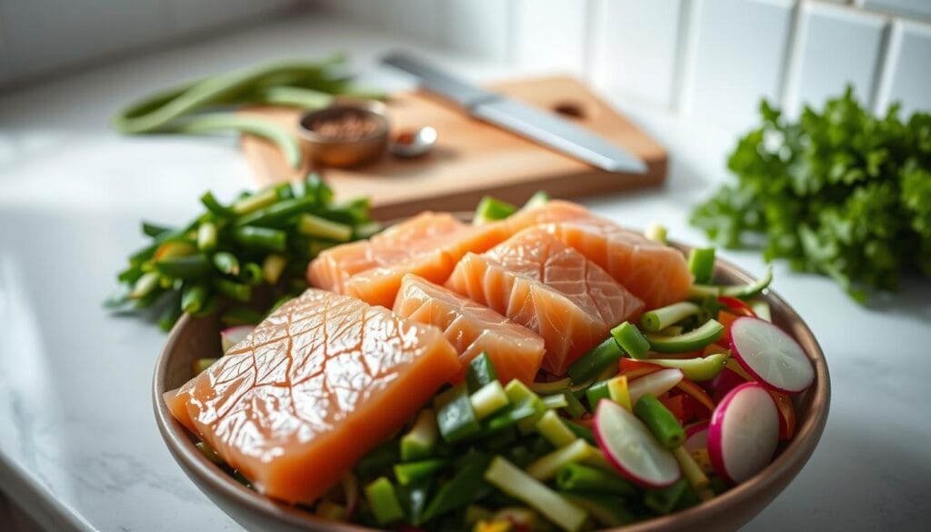 A well-lit, high-angle shot of a minimalist kitchen counter showcasing the preparation of a salmon poke bowl. In the foreground, carefully sliced salmon fillets lay atop a bed of freshly chopped vegetables - crisp cucumber spears, vibrant edamame, and thin radish slices. Contrasting textures and colors create visual interest. The middle ground features a wooden cutting board with a sharp knife and a small bowl of aromatic seasonings. The background subtly blurs, hinting at a clean, uncluttered space. Soft, natural lighting bathes the scene, evoking a sense of simplicity and culinary expertise. The overall atmosphere conveys attention to detail and a commitment to crafting a delicious, healthy poke bowl. A well-lit, high-angle shot of a minimalist kitchen counter showcasing the preparation of a salmon poke bowl. In the foreground, carefully sliced salmon fillets lay atop a bed of freshly chopped vegetables - crisp cucumber spears, vibrant edamame, and thin radish slices. Contrasting textures and colors create visual interest. The middle ground features a wooden cutting board with a sharp knife and a small bowl of aromatic seasonings. The background subtly blurs, hinting at a clean, uncluttered space. Soft, natural lighting bathes the scene, evoking a sense of simplicity and culinary expertise. The overall atmosphere conveys attention to detail and a commitment to crafting a delicious, healthy poke bowl.
