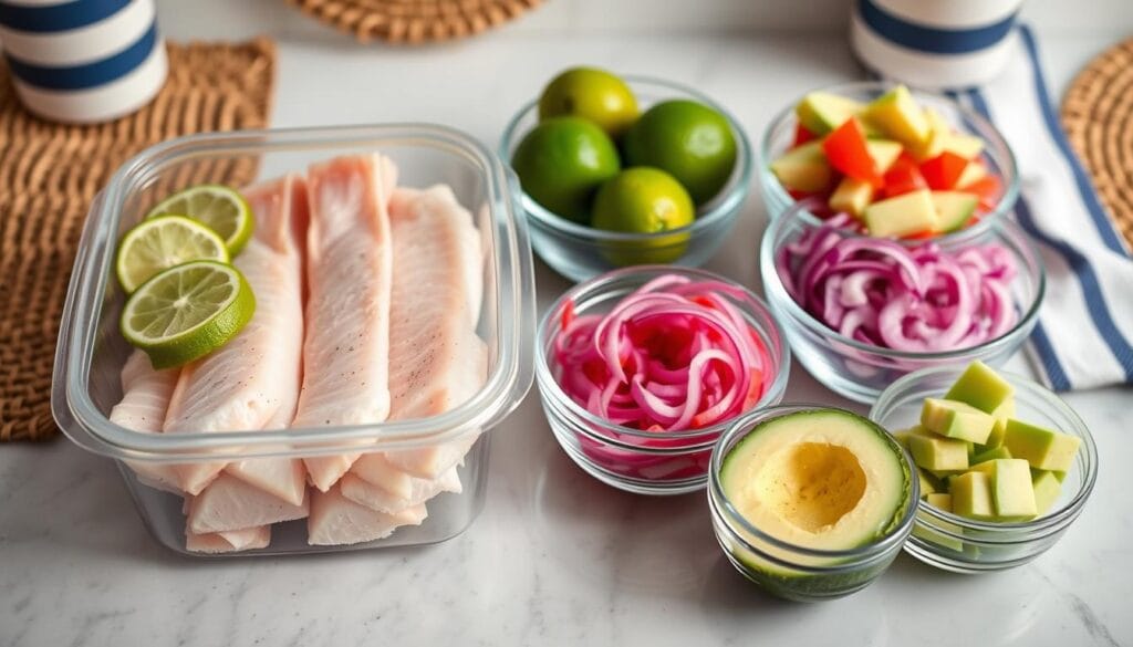 A well-lit kitchen counter showcases the essential ingredients for mahi tacos: fresh mahi-mahi fillets, vibrant red onion slices, tangy lime wedges, and creamy avocado chunks. The fillets are neatly arranged in an airtight food storage container, while the remaining toppings are stored in separate clear bowls, maintaining their individual flavors and textures. A nautical-themed backdrop, with woven placemats and a striped dish towel, creates a coastal ambiance. Soft, directional lighting casts a warm glow, highlighting the vibrant colors and textures of the ingredients, ready to be assembled into a delicious and visually appealing mahi taco. A well-lit kitchen counter showcases the essential ingredients for mahi tacos: fresh mahi-mahi fillets, vibrant red onion slices, tangy lime wedges, and creamy avocado chunks. The fillets are neatly arranged in an airtight food storage container, while the remaining toppings are stored in separate clear bowls, maintaining their individual flavors and textures. A nautical-themed backdrop, with woven placemats and a striped dish towel, creates a coastal ambiance. Soft, directional lighting casts a warm glow, highlighting the vibrant colors and textures of the ingredients, ready to be assembled into a delicious and visually appealing mahi taco.
