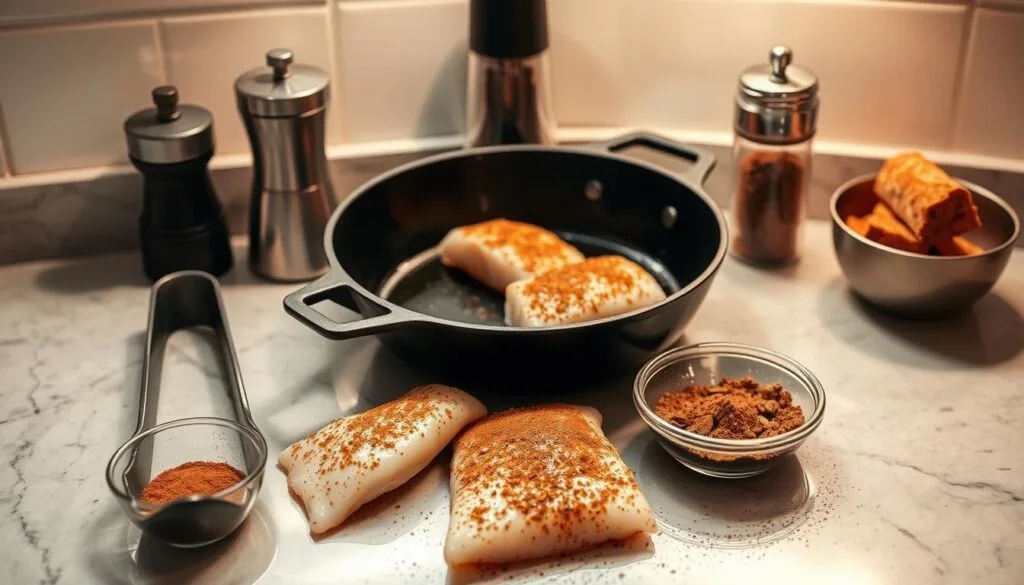 A well-lit kitchen counter, the surface adorned with an assortment of essential tools for blackening fish: a cast-iron skillet, a pair of sturdy tongs, a spice grinder, and a small bowl of fragrant spice blend. The skillet's surface glistens with a thin layer of oil, ready to sear the perfectly seasoned fish fillets. A soft, diffused light illuminates the scene, casting warm shadows and highlighting the textures of the equipment. The overall mood is one of preparation and anticipation, a visual cue for the flavorful blackened mahi-mahi dish to come.