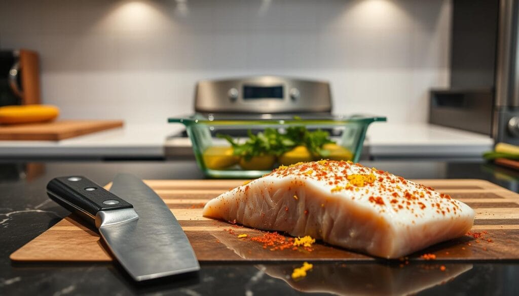 A well-lit kitchen counter with a fresh fillet of mahi mahi, seasoned with a blend of spices including paprika, garlic powder, and lemon zest. In the foreground, a chef's knife and a cutting board stand ready for preparation. In the middle ground, a baking dish filled with olive oil and herbs, awaiting the fish. The background features a clean, minimalist kitchen environment, with a tile backsplash and stainless steel appliances, creating a professional, culinary atmosphere. The overall mood is one of focused, methodical recipe preparation, with a touch of rustic elegance. A well-lit kitchen counter with a fresh fillet of mahi mahi, seasoned with a blend of spices including paprika, garlic powder, and lemon zest. In the foreground, a chef's knife and a cutting board stand ready for preparation. In the middle ground, a baking dish filled with olive oil and herbs, awaiting the fish. The background features a clean, minimalist kitchen environment, with a tile backsplash and stainless steel appliances, creating a professional, culinary atmosphere. The overall mood is one of focused, methodical recipe preparation, with a touch of rustic elegance.