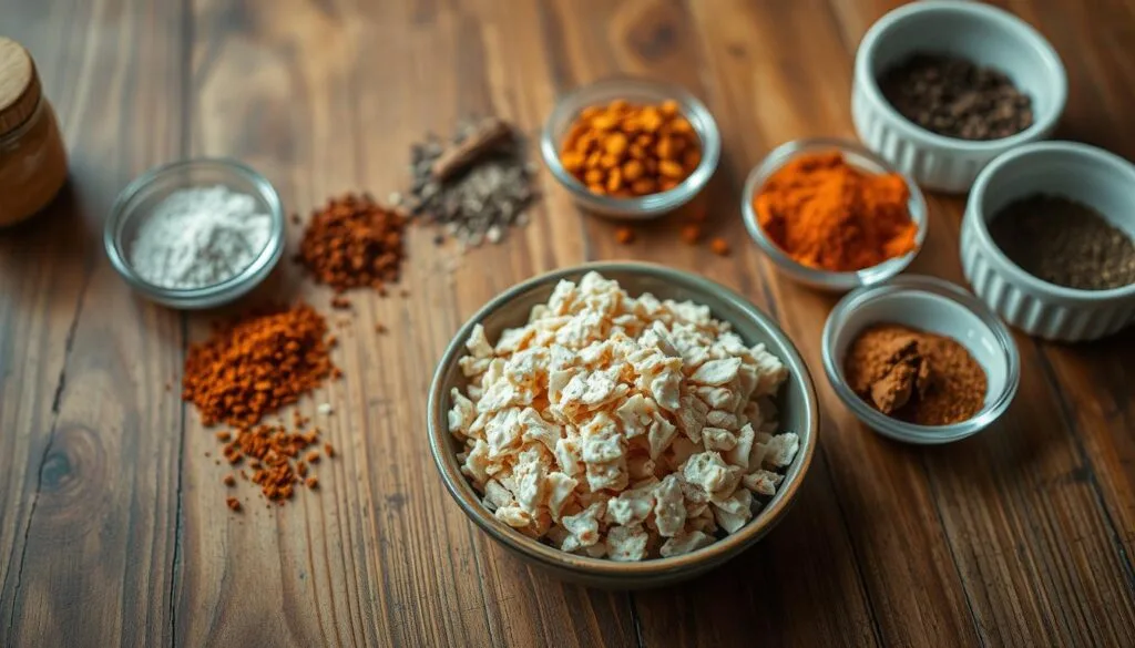 A wooden table with a variety of spices and seasonings arranged neatly in small bowls. In the center, a small pile of smoked tuna flakes. The lighting is warm and soft, highlighting the earthy tones of the spices. The camera angle is slightly elevated, giving a bird's-eye view of the scene. The background is blurred, keeping the focus on the tuna and its accompanying seasonings. The overall mood is rustic and inviting, reflecting the homemade nature of the smoked tuna dip. A wooden table with a variety of spices and seasonings arranged neatly in small bowls. In the center, a small pile of smoked tuna flakes. The lighting is warm and soft, highlighting the earthy tones of the spices. The camera angle is slightly elevated, giving a bird's-eye view of the scene. The background is blurred, keeping the focus on the tuna and its accompanying seasonings. The overall mood is rustic and inviting, reflecting the homemade nature of the smoked tuna dip.