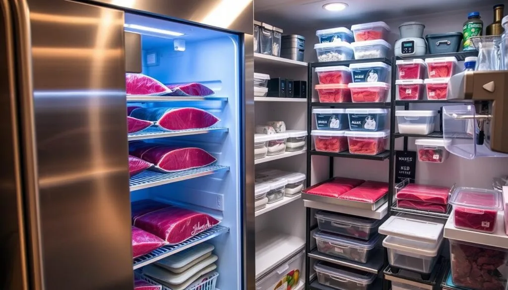 Ahi tuna storage guidelines: A gleaming stainless steel refrigerator, its shelves neatly arranged with vacuum-sealed tuna steaks, their deep reddish-pink hues visible through the clear packaging. Surrounding the fridge, an organized pantry stocked with airtight containers, desiccant packs, and temperature-monitoring devices, creating a meticulously curated cold storage setup. Overhead, soft, diffused lighting casts a warm glow, highlighting the attention to detail in this well-appointed kitchen. The scene conveys a sense of control, precision, and the importance of proper storage for ensuring the freshness and quality of this premium seafood. Ahi tuna storage guidelines: A gleaming stainless steel refrigerator, its shelves neatly arranged with vacuum-sealed tuna steaks, their deep reddish-pink hues visible through the clear packaging. Surrounding the fridge, an organized pantry stocked with airtight containers, desiccant packs, and temperature-monitoring devices, creating a meticulously curated cold storage setup. Overhead, soft, diffused lighting casts a warm glow, highlighting the attention to detail in this well-appointed kitchen. The scene conveys a sense of control, precision, and the importance of proper storage for ensuring the freshness and quality of this premium seafood.