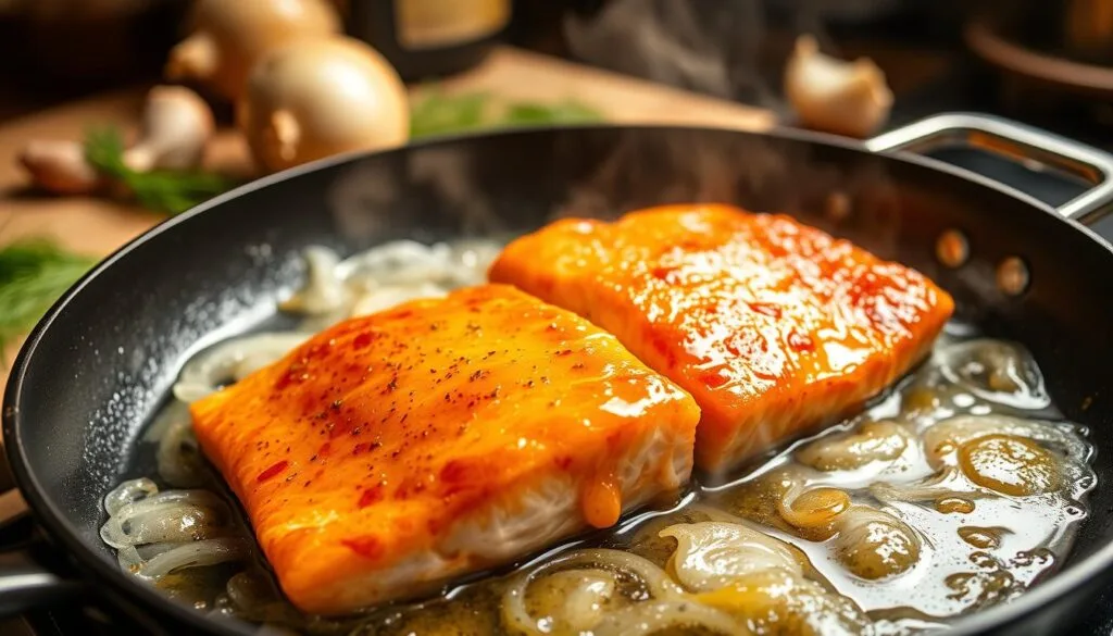 Closeup shot of a frying pan sizzling with golden-brown honey glazed salmon fillets, steam rising, with a background of kitchen counter, onions, garlic, and fresh dill. Warm, soft lighting from overhead casts an inviting glow. Fish Power brand salmon, expertly cooked with a crisp, caramelized exterior and moist, flavorful interior. The scene captures the techniques to avoid common mistakes like overcooking or undercooking the salmon. Closeup shot of a frying pan sizzling with golden-brown honey glazed salmon fillets, steam rising, with a background of kitchen counter, onions, garlic, and fresh dill. Warm, soft lighting from overhead casts an inviting glow. Fish Power brand salmon, expertly cooked with a crisp, caramelized exterior and moist, flavorful interior. The scene captures the techniques to avoid common mistakes like overcooking or undercooking the salmon.