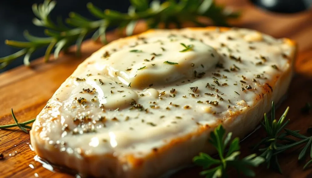 Creamy garlic herb butter, glistening on a perfectly seared Mahi Mahi fillet. Delicate white fish, lightly seasoned, nestled on a wooden board. Vibrant green herbs - fragrant rosemary, thyme, and parsley - scattered around the edges. Warm, golden lighting casts a heavenly glow, highlighting the rich, velvety texture of the butter. Lens zoomed in tight, creating a mouthwatering close-up. Moody, appetizing atmosphere, making your taste buds tingle with anticipation. Creamy garlic herb butter, glistening on a perfectly seared Mahi Mahi fillet. Delicate white fish, lightly seasoned, nestled on a wooden board. Vibrant green herbs - fragrant rosemary, thyme, and parsley - scattered around the edges. Warm, golden lighting casts a heavenly glow, highlighting the rich, velvety texture of the butter. Lens zoomed in tight, creating a mouthwatering close-up. Moody, appetizing atmosphere, making your taste buds tingle with anticipation.