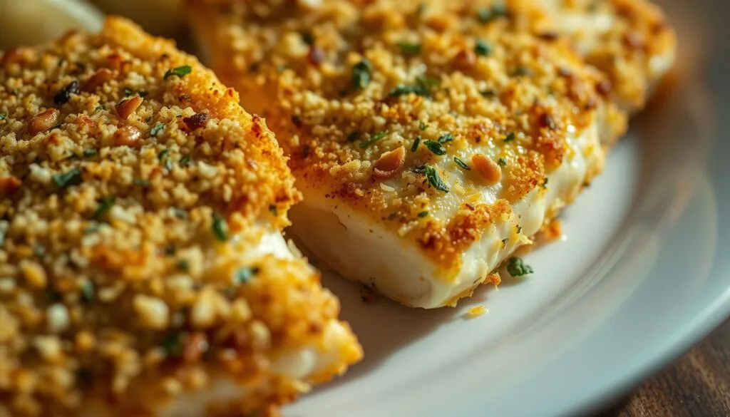 Crisp golden-brown Parmesan crust enveloping tender, flaky Mahi Mahi fillets, fresh from the oven. Garlic, fresh herbs, and Parmesan cheese create a savory, crunchy coating that clings to the fish in a mouthwatering close-up. Angled side lighting casts dramatic shadows, highlighting the textured surface. The dish is presented on a simple white plate, the fish glistening with a hint of butter or olive oil. The overall mood is one of rustic elegance, inviting the viewer to imagine the satisfying crunch and flavor of this delectable baked fish dish. Crisp golden-brown Parmesan crust enveloping tender, flaky Mahi Mahi fillets, fresh from the oven. Garlic, fresh herbs, and Parmesan cheese create a savory, crunchy coating that clings to the fish in a mouthwatering close-up. Angled side lighting casts dramatic shadows, highlighting the textured surface. The dish is presented on a simple white plate, the fish glistening with a hint of butter or olive oil. The overall mood is one of rustic elegance, inviting the viewer to imagine the satisfying crunch and flavor of this delectable baked fish dish.