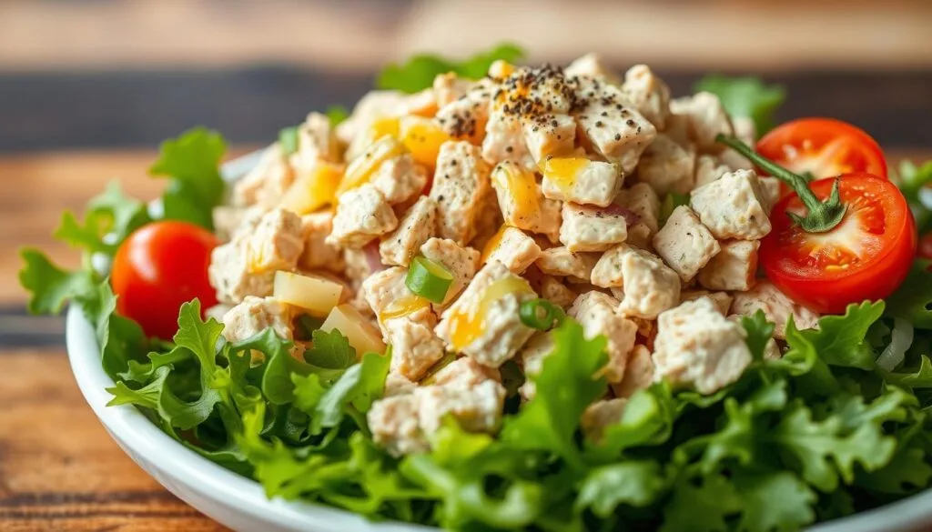Freshly prepared tuna salad nestled on a crisp bed of mixed greens, drizzled with a tangy lemon vinaigrette. The tuna is flaky and moist, complemented by crunchy celery, onions, and a touch of mayonnaise for creamy texture. Garnished with vibrant cherry tomatoes and a sprinkle of freshly cracked black pepper, the salad exudes a light, summery vibe. Captured in a warm, natural light with a shallow depth of field, the image showcases the appetizing and nutritious qualities of this delectable tuna salad recipe. Freshly prepared tuna salad nestled on a crisp bed of mixed greens, drizzled with a tangy lemon vinaigrette. The tuna is flaky and moist, complemented by crunchy celery, onions, and a touch of mayonnaise for creamy texture. Garnished with vibrant cherry tomatoes and a sprinkle of freshly cracked black pepper, the salad exudes a light, summery vibe. Captured in a warm, natural light with a shallow depth of field, the image showcases the appetizing and nutritious qualities of this delectable tuna salad recipe.