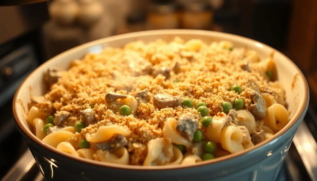 Homemade Tuna Noodle Casserole in a deep baking dish, fresh out of the oven, steam rising. Egg noodles mixed with tuna, peas, and a creamy mushroom sauce, topped with crispy breadcrumbs. Warm lighting from above casts a cozy glow, highlighting the layers of ingredients. High-angle shot, slightly tilted, showing off the casserole's textures and colors. Soft focus on the foreground, with a blurred background suggesting a modern kitchen setting. Homemade Tuna Noodle Casserole in a deep baking dish, fresh out of the oven, steam rising. Egg noodles mixed with tuna, peas, and a creamy mushroom sauce, topped with crispy breadcrumbs. Warm lighting from above casts a cozy glow, highlighting the layers of ingredients. High-angle shot, slightly tilted, showing off the casserole's textures and colors. Soft focus on the foreground, with a blurred background suggesting a modern kitchen setting.