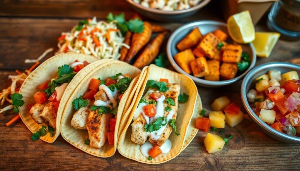 Mahi mahi tacos with vibrant side dishes laid out on a rustic wooden table. In the foreground, three crisp tacos filled with flaky, grilled mahi mahi, garnished with fresh cilantro, diced tomatoes, and a creamy, zesty sauce. Surrounding the tacos, an array of complementary side dishes - a vibrant slaw with shredded cabbage, carrots, and a tangy vinaigrette, roasted sweet potato wedges seasoned with earthy spices, and a refreshing pineapple salsa with diced fruit, red onion, and a hint of lime. Soft lighting from above casts a warm glow, highlighting the textures and colors of this delectable seafood feast. The mood is casual, inviting, and full of tropical flavors. Mahi mahi tacos with vibrant side dishes laid out on a rustic wooden table. In the foreground, three crisp tacos filled with flaky, grilled mahi mahi, garnished with fresh cilantro, diced tomatoes, and a creamy, zesty sauce. Surrounding the tacos, an array of complementary side dishes - a vibrant slaw with shredded cabbage, carrots, and a tangy vinaigrette, roasted sweet potato wedges seasoned with earthy spices, and a refreshing pineapple salsa with diced fruit, red onion, and a hint of lime. Soft lighting from above casts a warm glow, highlighting the textures and colors of this delectable seafood feast. The mood is casual, inviting, and full of tropical flavors.