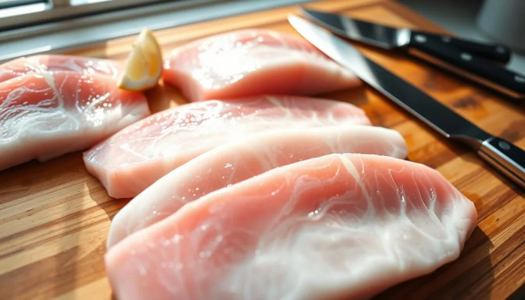 Preparing Mahi-Mahi for Baking: A close-up view of fresh Mahi-Mahi fillets laid out on a wooden cutting board. The fish is glistening with moisture, its vibrant pink and white hues contrasting beautifully against the warm-toned wood surface. Nearby, a set of sharp kitchen knives and a lemon wedge are positioned, ready to be used in the preparation process. Bright, natural lighting from a window floods the scene, creating a soft, inviting atmosphere. The focus is on the detailed texture of the fish skin and the overall simplicity of the mise-en-scène, emphasizing the freshness and quality of the main ingredient. Preparing Mahi-Mahi for Baking: A close-up view of fresh Mahi-Mahi fillets laid out on a wooden cutting board. The fish is glistening with moisture, its vibrant pink and white hues contrasting beautifully against the warm-toned wood surface. Nearby, a set of sharp kitchen knives and a lemon wedge are positioned, ready to be used in the preparation process. Bright, natural lighting from a window floods the scene, creating a soft, inviting atmosphere. The focus is on the detailed texture of the fish skin and the overall simplicity of the mise-en-scène, emphasizing the freshness and quality of the main ingredient.