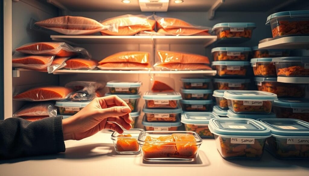 Salmon Storage and Leftover Management: A neatly organized refrigerator shelves packed with fresh salmon fillets, vacuum-sealed bags, and labeled containers of cooked salmon. Soft, warm lighting illuminates the scene, casting a comforting glow. In the foreground, a pair of hands carefully portions leftover salmon into small glass containers, ready for future meals. The middle ground showcases various storage solutions, from ziplock bags to airtight meal prep containers. In the background, a clean, minimalist kitchen counter provides a clean canvas for this efficiently curated salmon storage setup. Salmon Storage and Leftover Management: A neatly organized refrigerator shelves packed with fresh salmon fillets, vacuum-sealed bags, and labeled containers of cooked salmon. Soft, warm lighting illuminates the scene, casting a comforting glow. In the foreground, a pair of hands carefully portions leftover salmon into small glass containers, ready for future meals. The middle ground showcases various storage solutions, from ziplock bags to airtight meal prep containers. In the background, a clean, minimalist kitchen counter provides a clean canvas for this efficiently curated salmon storage setup.