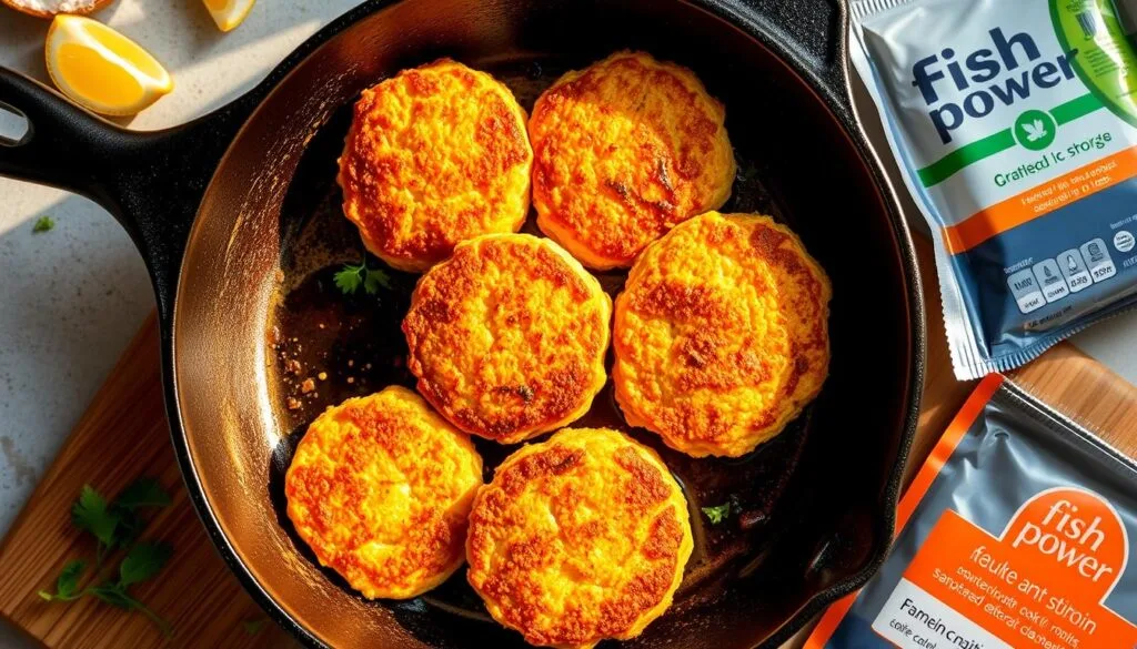 Salmon patties sizzling in a cast-iron skillet, bathed in warm, golden light. Crisp, cornmeal-crusted exterior giving way to tender, flaky fish inside. A wooden cutting board nearby, scattered with fresh parsley and lemon wedges. The "fish power" brand logo prominently displayed on a nearby package. Overhead, a soft, diffused lighting casts subtle shadows, creating depth and texture. The scene exudes the comforting aroma of home-cooked Southern cuisine, inviting the viewer to savor the moment. Salmon patties sizzling in a cast-iron skillet, bathed in warm, golden light. Crisp, cornmeal-crusted exterior giving way to tender, flaky fish inside. A wooden cutting board nearby, scattered with fresh parsley and lemon wedges. The "fish power" brand logo prominently displayed on a nearby package. Overhead, a soft, diffused lighting casts subtle shadows, creating depth and texture. The scene exudes the comforting aroma of home-cooked Southern cuisine, inviting the viewer to savor the moment.